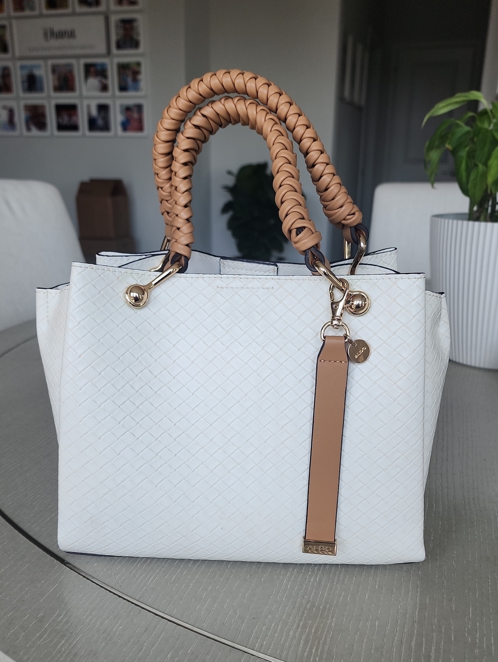 Aldo White Woven Satchel with Tan Braided Handles